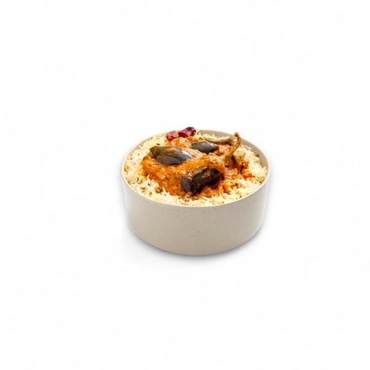 Jeera Rice with Stuffed Aubergine (Vegan)